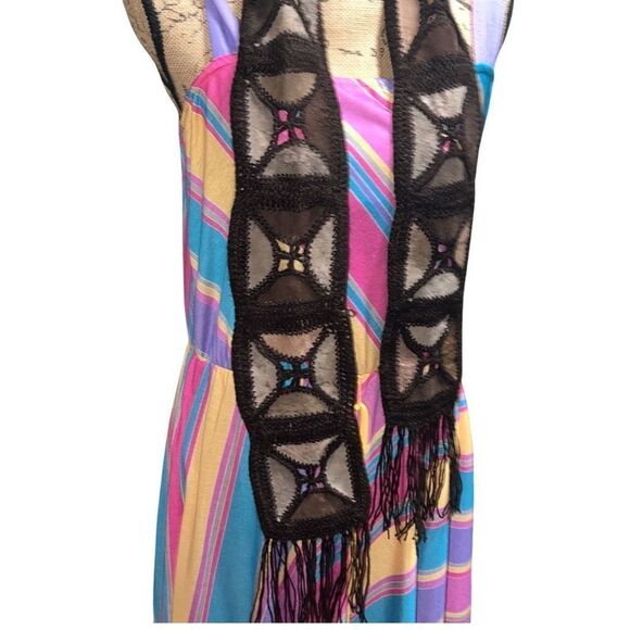 Vintage 1970s Sash Belt Leather Macrame Crochet Scarf - Picture 13 of 14